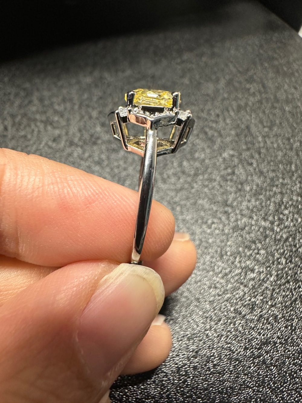 Yellow Statement Ring Halo Style Adjustable Silver Tone Sparkly Ring - Picture 2 of 6